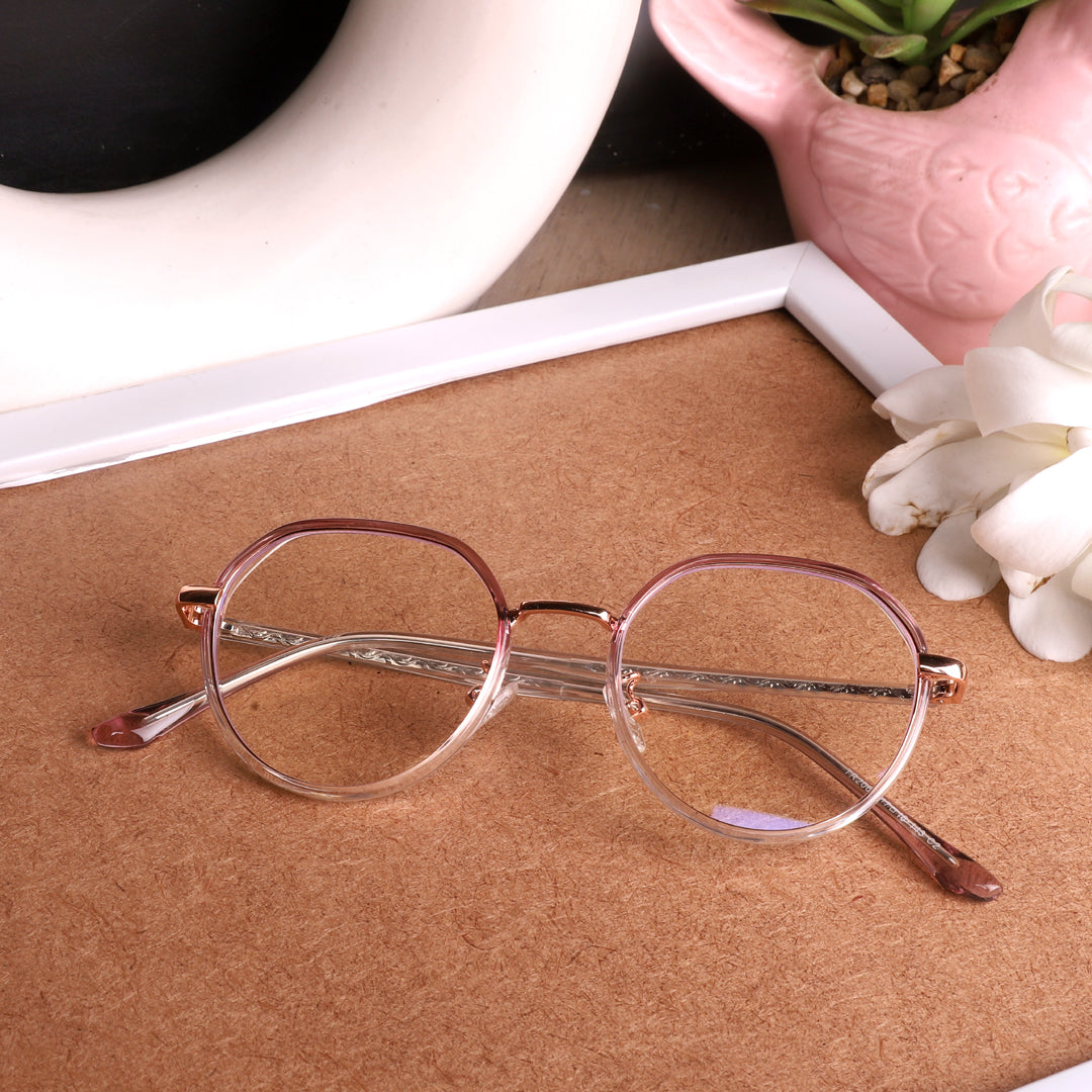 Jodykoes® Pure TR Metal and Plastic Combination Round Flat-Top Spectacle Frame | Blu cut and Anti Glare Computer Mobile Phone Protection Eyewear Eyeglasses (Wild Rose) - Jodykoes ®
