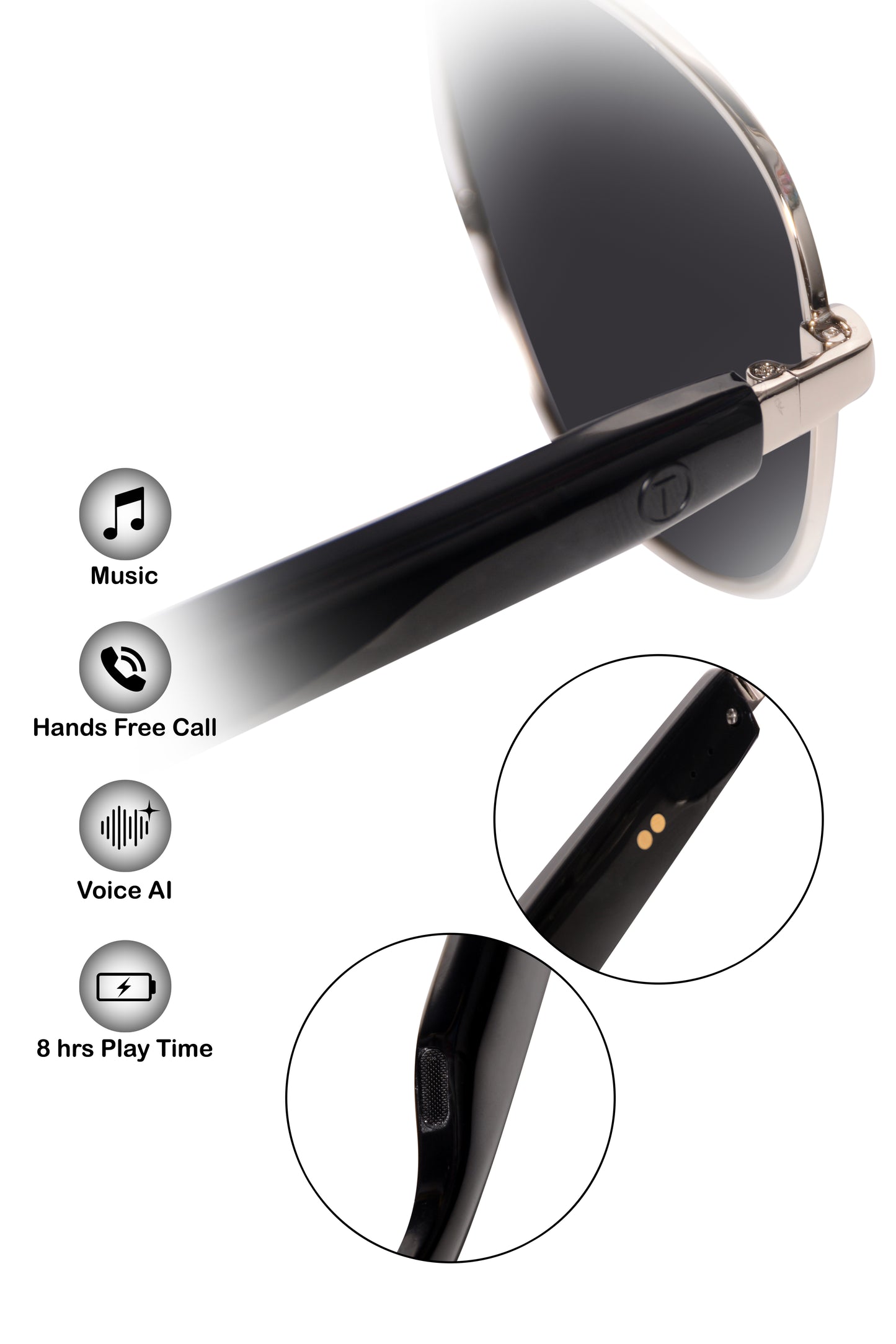 Jodykoes Smart Glasses with Built-in Speakers, Voice Assistant & Prescription Lenses | Square Metal Bluetooth Audio Eyewear (Black)