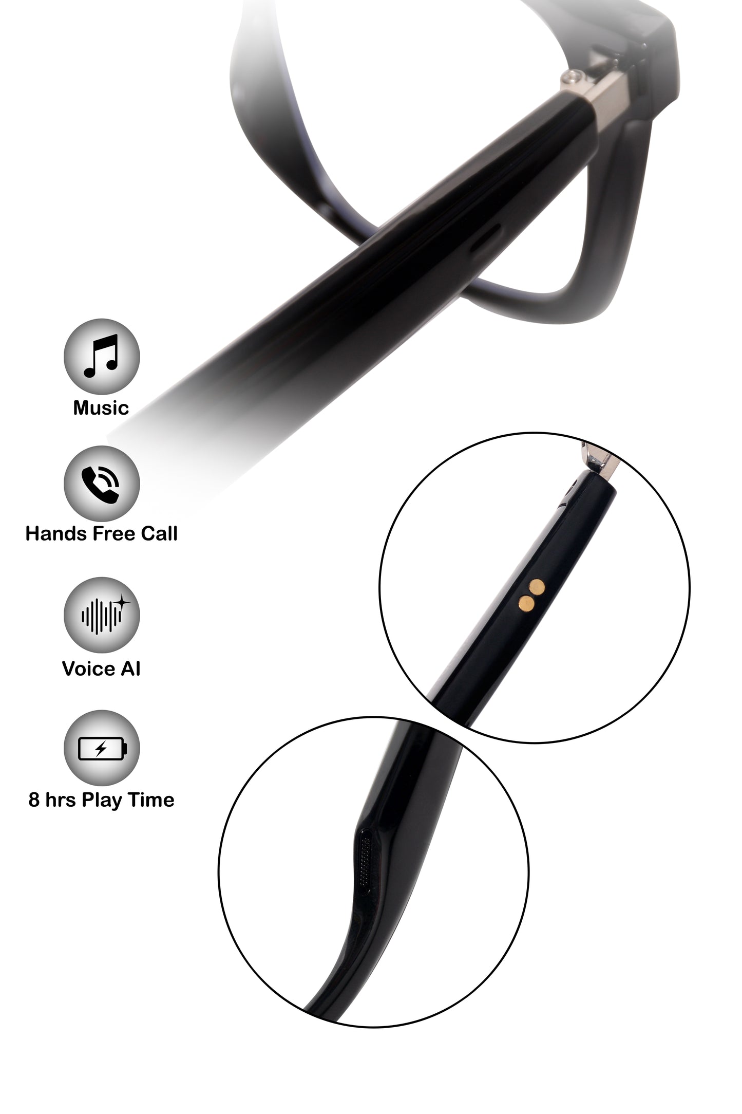 Jodykoes Smart Glasses with Built-in Speakers, Voice Assistant & Prescription Lenses | Square Bluetooth Audio Eyewear (Black)