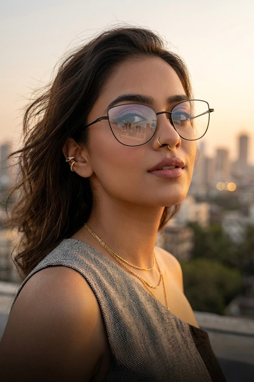 Jodykoes® Premium Series Cat Eye Metal Designer Frame Women Spectacle | Fashionable Blu Cut Anti Glare Eyeglasses For Computer, Mobile Phone and Blue Rays Protection Eyewear (Black)