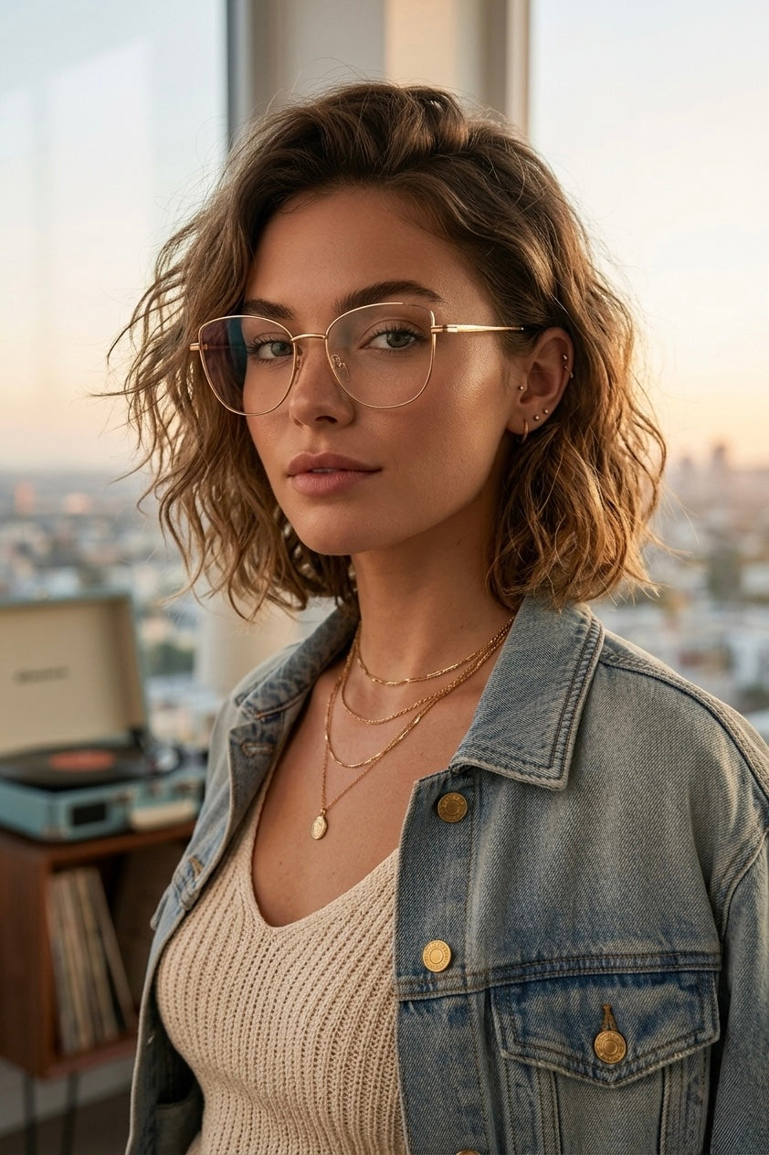 Jodykoes® Premium Series Cat Eye Metal Designer Frame Women Spectacle | Fashionable Blu Cut Anti Glare Eyeglasses For Computer, Mobile Phone and Blue Rays Protection Eyewear (Gold)