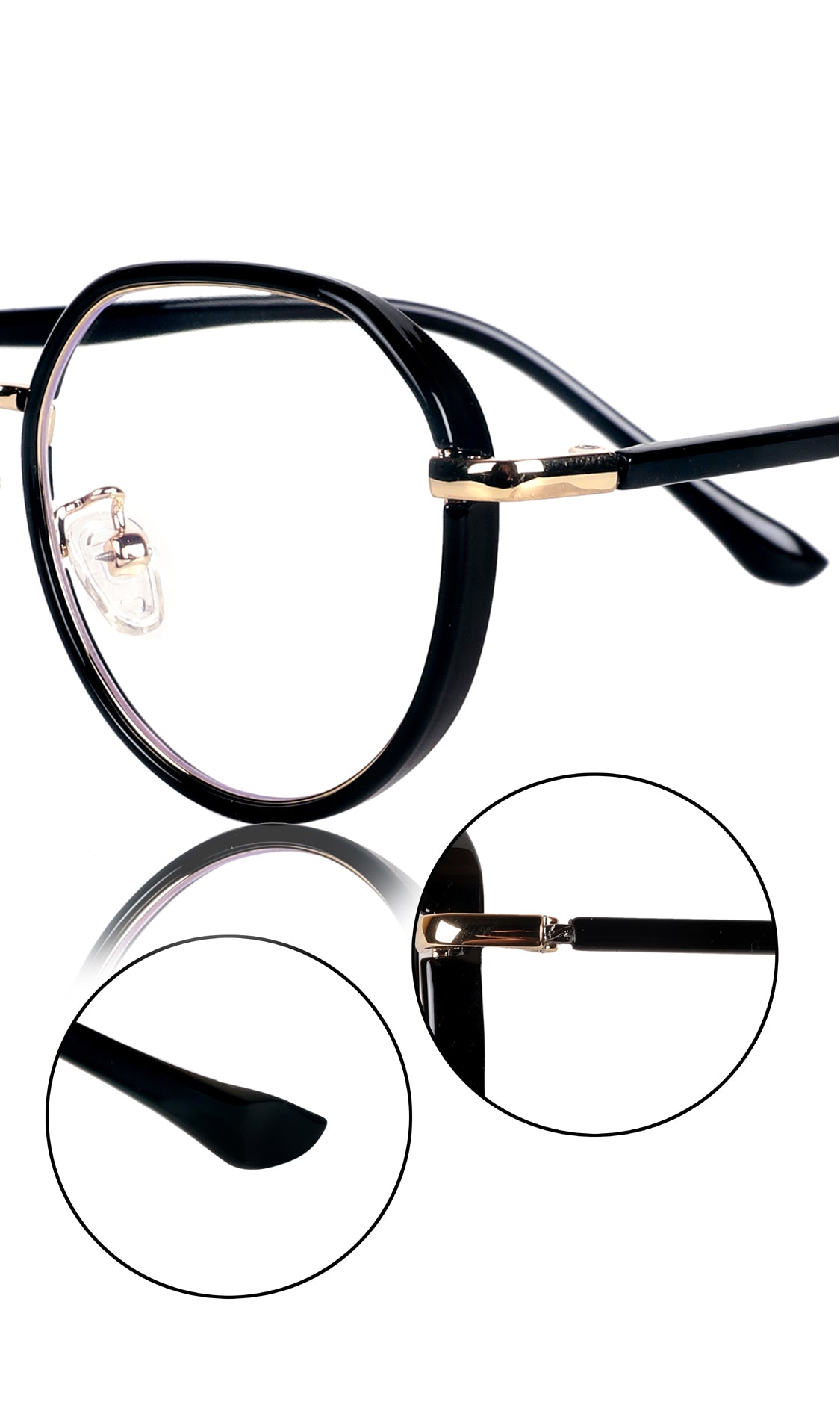 Jodykoes® Pure TR Metal and Plastic Combination Round Flat-Top Spectacle Frame | Blu cut and Anti Glare Computer Mobile Phone Protection Eyewear Eyeglasses (Black Gold)