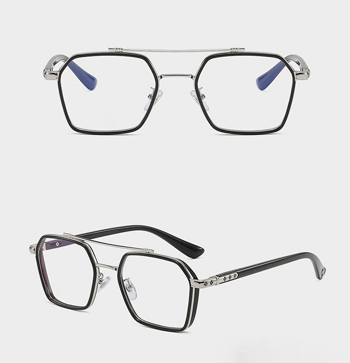 Jodykoes Tony Stark Square Frame Retro Vintage Frame for Men and Women Clear Spectacle Frame (Black & Silver)