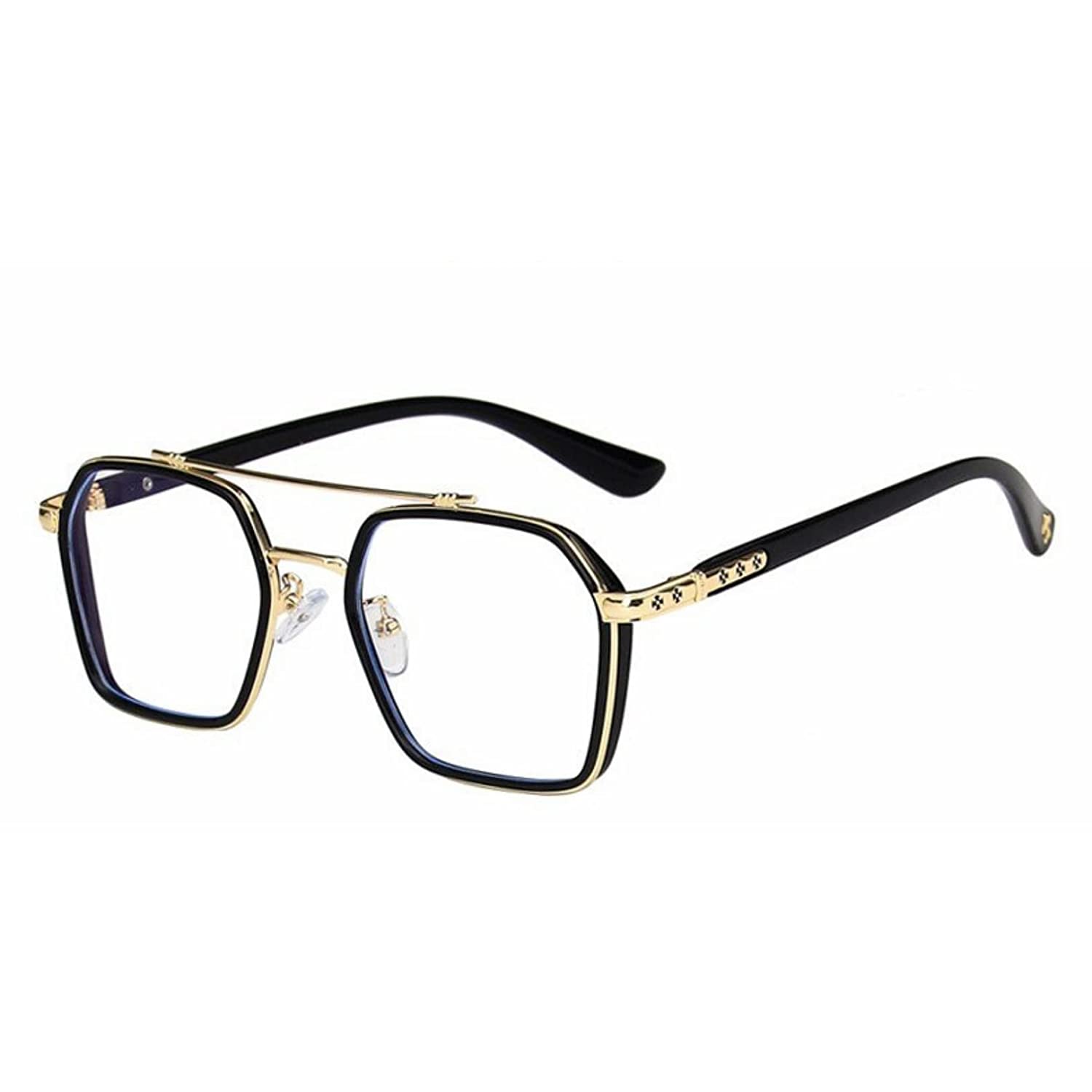 Jodykoes Tony Stark Square Frame Retro Vintage Frame for Men and Women Clear Spectacle Frame (Black & Gold)