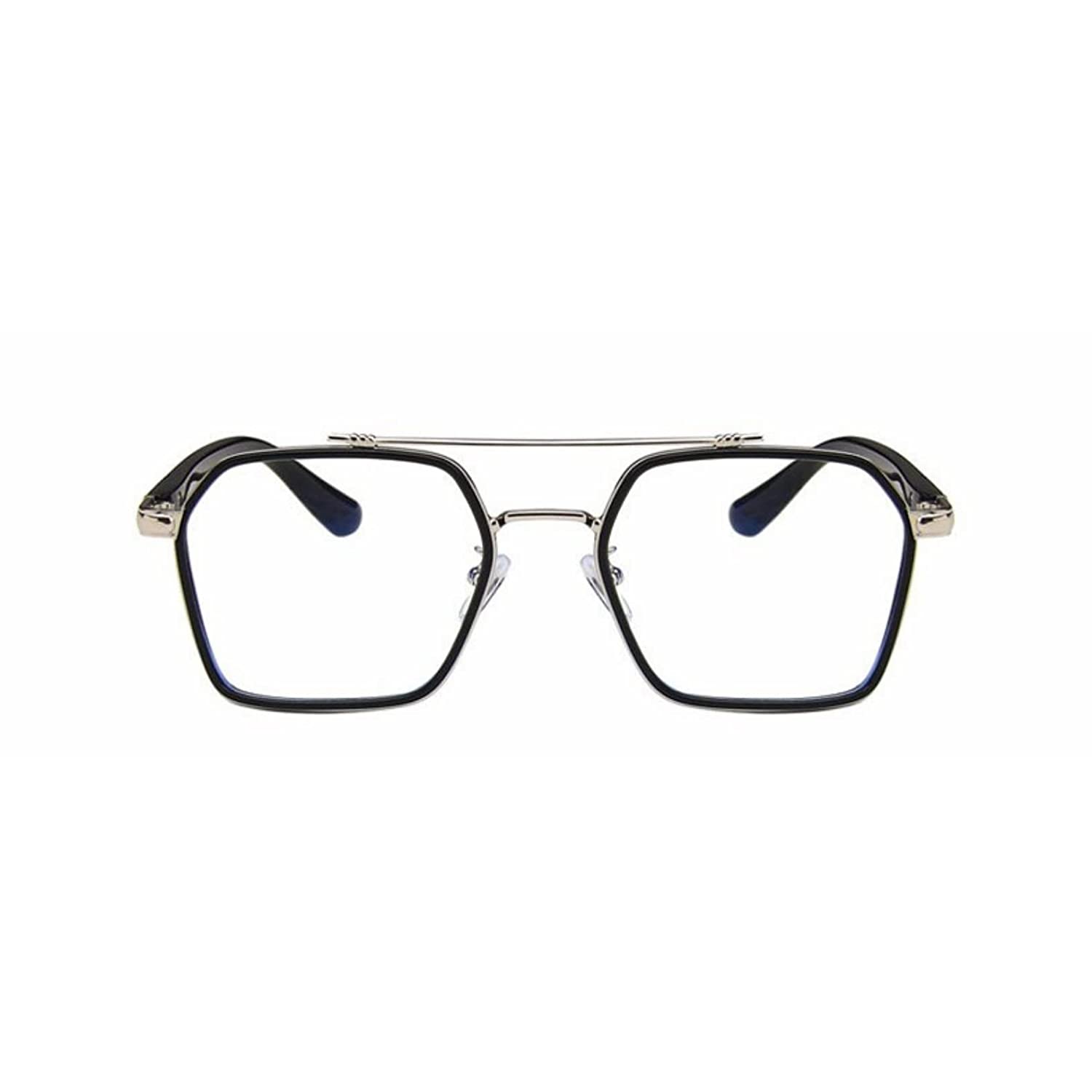 Jodykoes Tony Stark Square Frame Retro Vintage Frame for Men and Women Clear Spectacle Frame (Black & Silver)