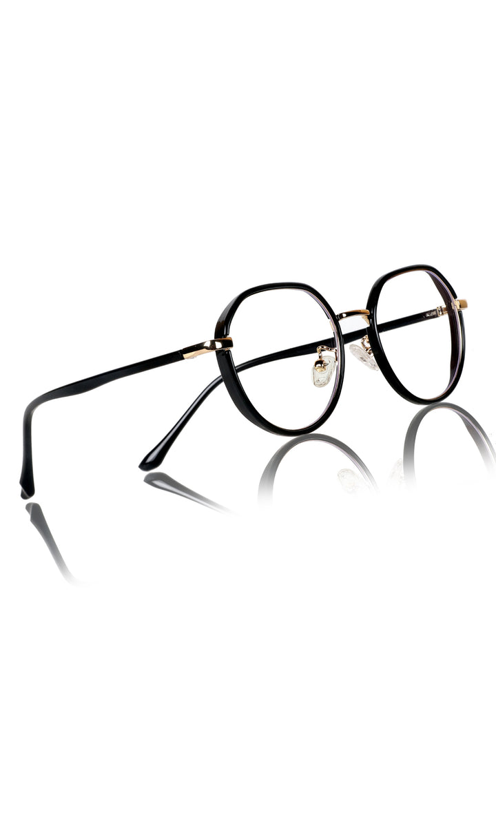Jodykoes® Pure TR Metal and Plastic Combination Round Flat-Top Spectacle Frame | Blu cut and Anti Glare Computer Mobile Phone Protection Eyewear Eyeglasses (Black Gold)