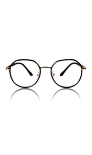 Jodykoes® Pure TR Metal and Plastic Combination Round Flat-Top Spectacle Frame | Blu cut and Anti Glare Computer Mobile Phone Protection Eyewear Eyeglasses (Black Gold)