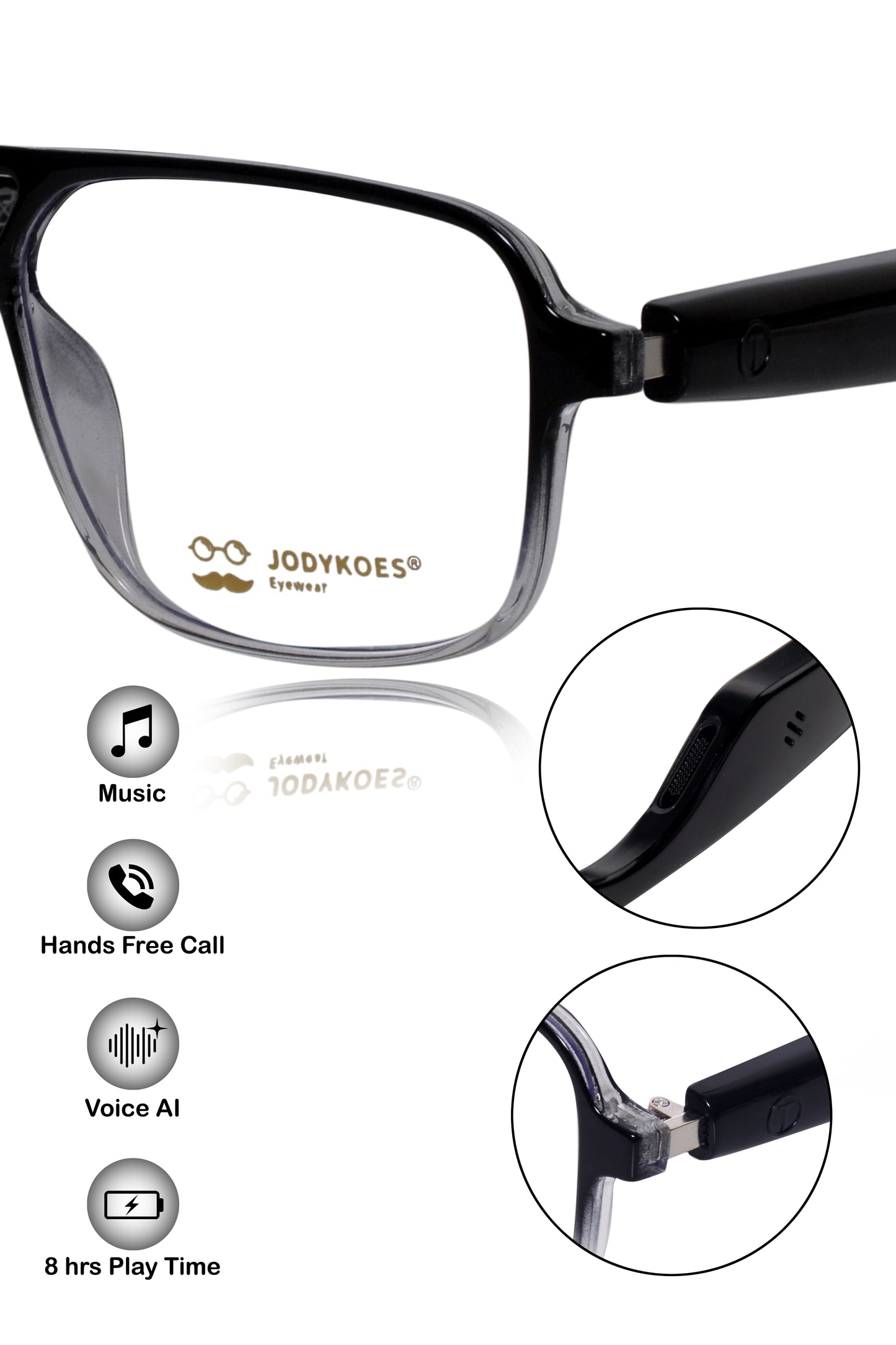 Jodykoes Smart Glasses with Built-in Speakers, Voice Assistant & Prescription Lenses | Square Bluetooth Audio Eyewear (Black)